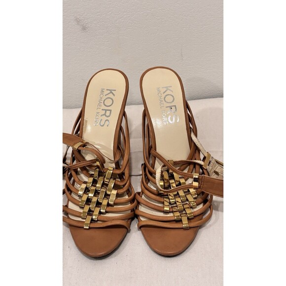 Michael Kors Shoes - Michael Kors Wedge Sandals Size 8 Brown Leather Strappy Gold Accent Heels